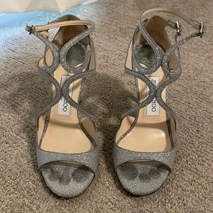 Jimmy Choo Leslie Silver Glitter Strappy Caged Heels Sandals Size EU 37